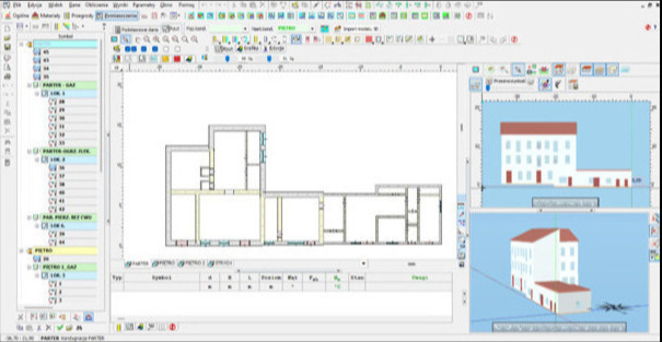 Program do projektowania budynków: widok planu parteru i wizualizacja 3D budynku z czerwonym dachem, okna programu z narzędziami i drzewem projektu po lewej.