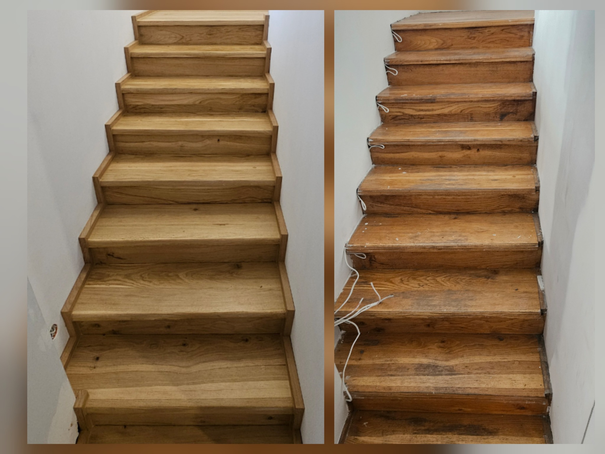Renowacja dębowych schodów: po lewej odnowione, jasne drewno, po prawej stan przed renowacją z widocznymi śladami użytkowania i wystającymi elementami.