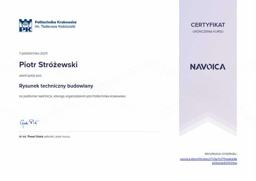 Certyfikat ukończenia kursu rysunku technicznego budowlanego przez Piotra Stróżewskiego, wydany przez Politechnikę Krakowską. Usługi w Gdańsku.