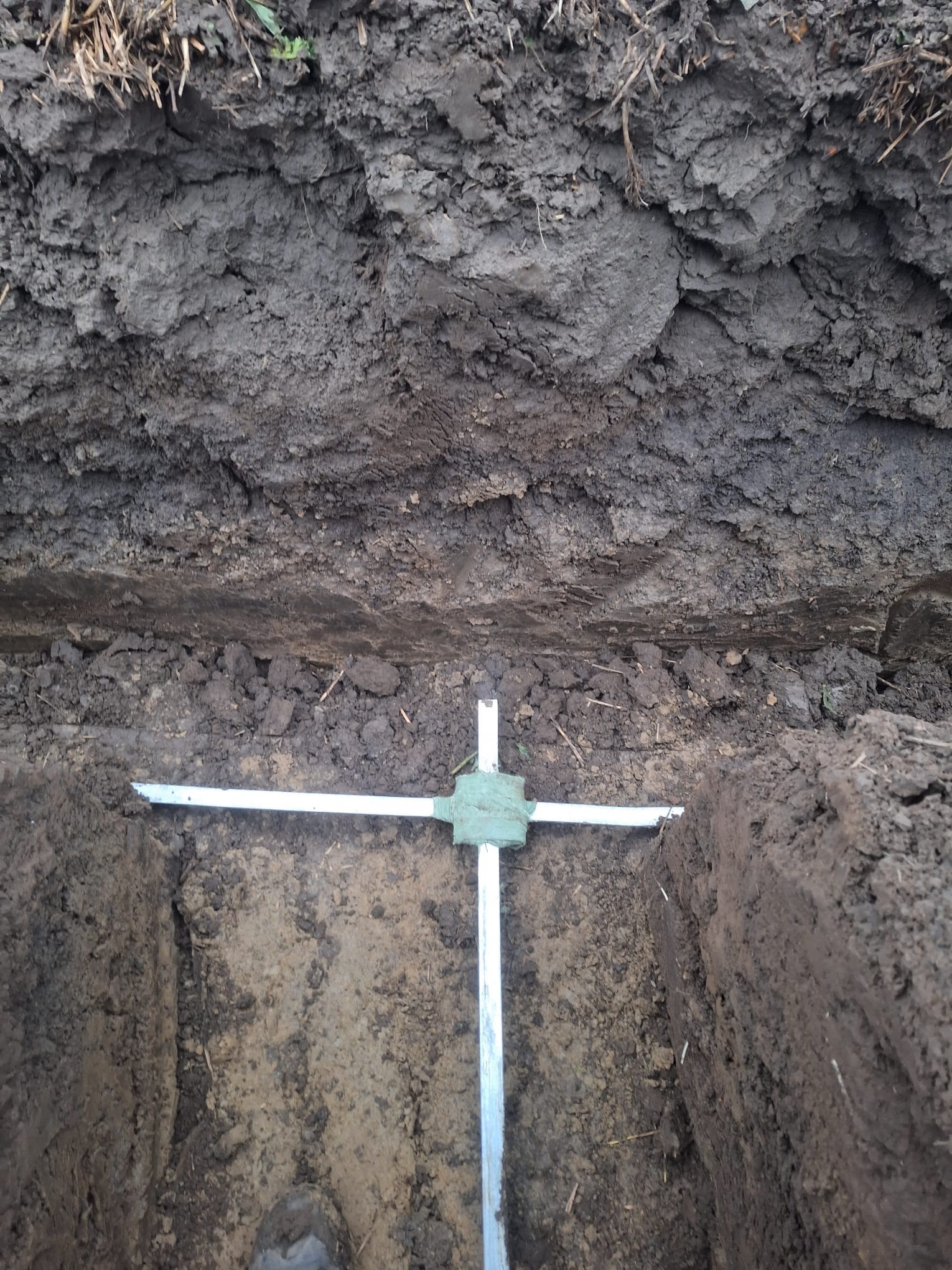 Wykop pod fundament ogrodzenia z widocznym szalunkiem z profili metalowych. Świeża ziemia, brązowa gleba. Przygotowanie do wylania betonu.