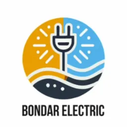 Logo firmy Bondar Electric: wtyczka na tle podzielonego koła - żółta energia i niebieska woda, symbolizujące elektryczność.