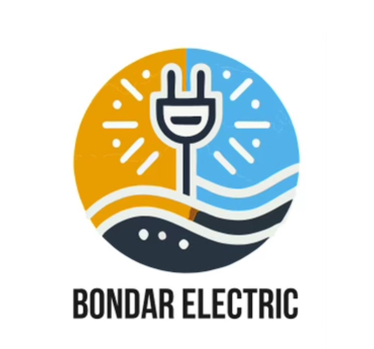 Logo firmy Bondar Electric: wtyczka na tle podzielonego koła - żółta energia i niebieska woda, symbolizujące elektryczność.