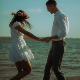 Pinky Foto - Amelia Jaworska - Para trzymająca się za ręce spaceruje po płytkiej wodzie. Kobieta ma wianek z kwiatów. Delikatne, naturalne światło podkreśla romantyczny nastrój.