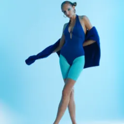 Kobieta w niebieskim kostiumie i swetrze pozuje na tle błękitnego studia, prezentując makijaż i biżuterię w sesji zdjęciowej.