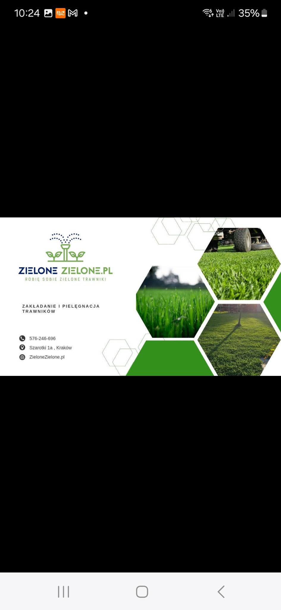 Grafika firmy z Krakowa oferującej zakładanie i pielęgnację trawników. Prezentacja obejmuje logo, dane kontaktowe oraz zdjęcia trawników i systemu nawadniania.