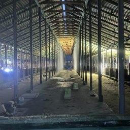 DamDek Usługi Ogólnobudowlane Agnieszka Szafirsztejn - Wnętrze hali w trakcie budowy: metalowa konstrukcja dachu i słupy, surowa podłoga. Widoczne elementy oświetlenia i materiały budowlane w tle. Długi kadr perspektywiczny.