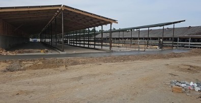 Budowa hali z drewnianą konstrukcją dachu, widok z zewnątrz na plac budowy, z widocznymi elementami konstrukcyjnymi i przygotowanym terenem.