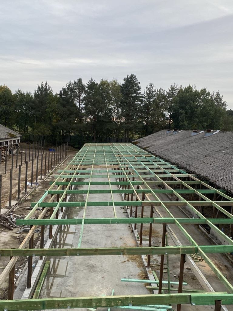 Konstrukcja hali w trakcie budowy: drewniane i zielone elementy tworzą szkielet dachu na betonowej podstawie, z widocznymi drzewami w tle pod pochmurnym niebem.