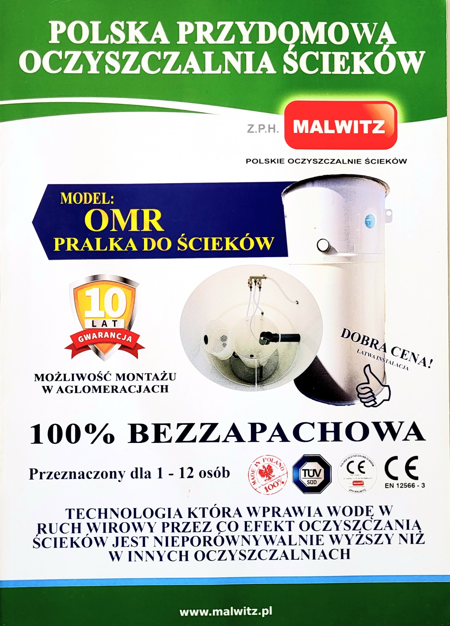 Plakat reklamowy przydomowej oczyszczalni ścieków Malwitz OMR z 10-letnią gwarancją, zapewniającej bezwonność i łatwą instalację. Technologia wirująca.