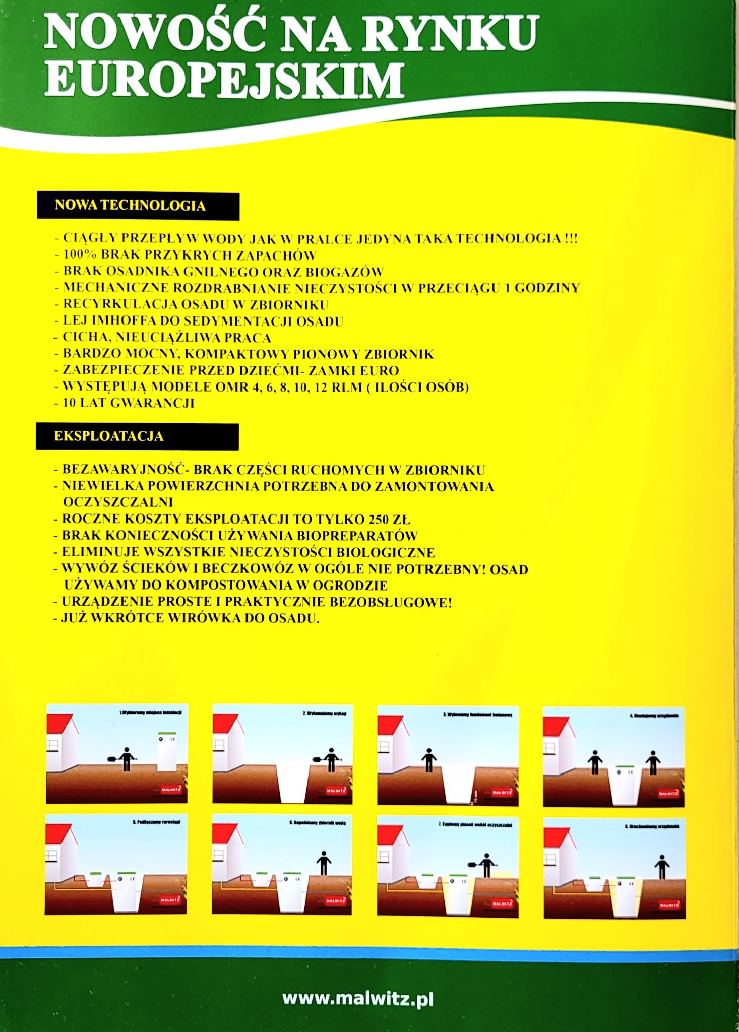 Infografika prezentująca etapy instalacji przydomowej oczyszczalni ścieków Malwitz, z opisem zalet technologii i niskich kosztów eksploatacji. Nowość na rynku europejskim.