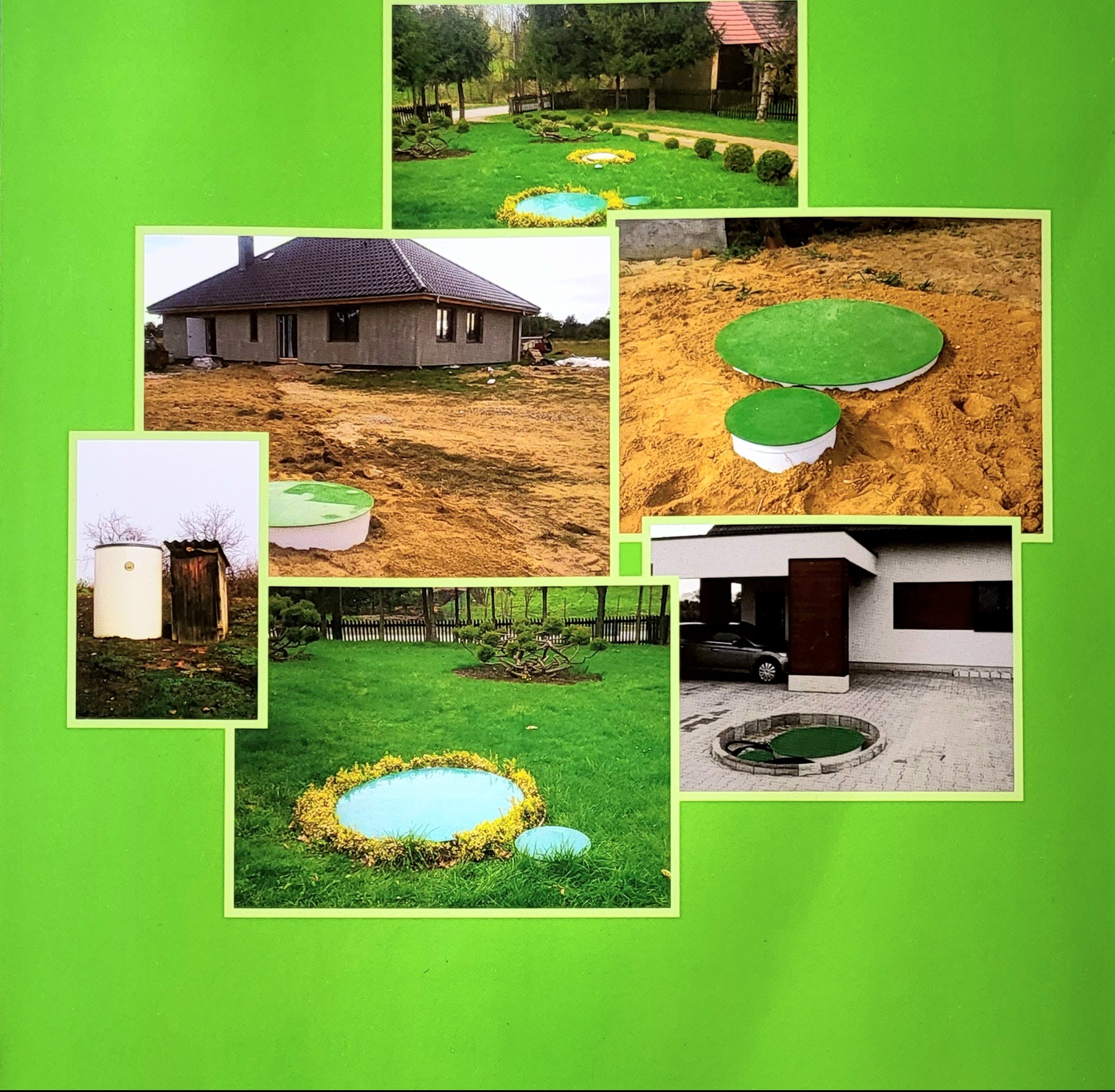 Kompozycja zdjęć z różnych etapów instalacji przydomowej oczyszczalni ścieków: od wykopu po gotowy zbiornik wkomponowany w krajobraz ogrodu.
