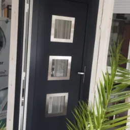 Ciemnoszare drzwi zewnętrzne z trzema kwadratowymi przeszkleniami w srebrnych ramkach, osadzone w białej futrynie, widoczne przez liście rośliny.