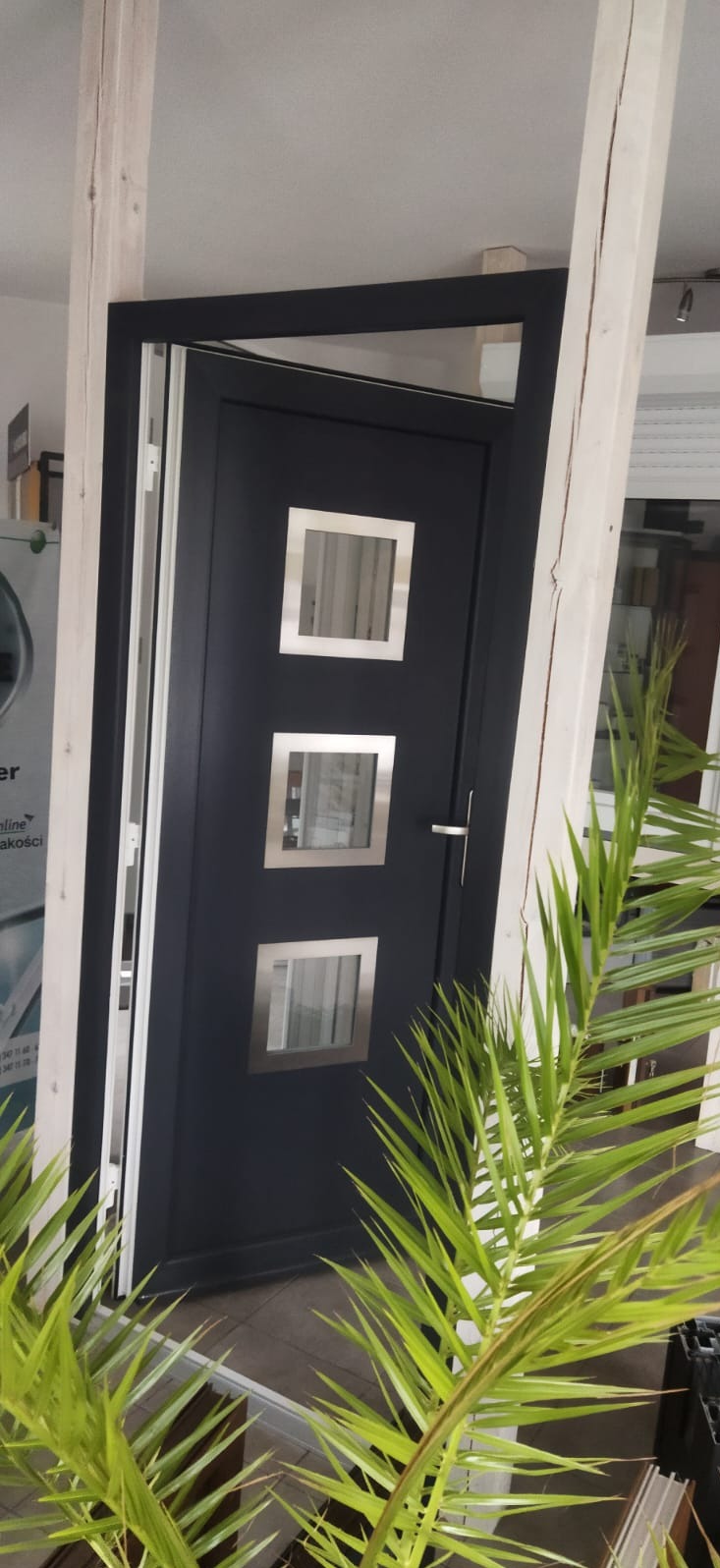 Ciemnoszare drzwi zewnętrzne z trzema kwadratowymi przeszkleniami w srebrnych ramkach, osadzone w białej futrynie, widoczne przez liście rośliny.