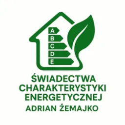 Grafika: Zielony symbol domu z liściem i klasami energetycznymi A-E, napis 'Świadectwa charakterystyki energetycznej Adrian Żemajko'.