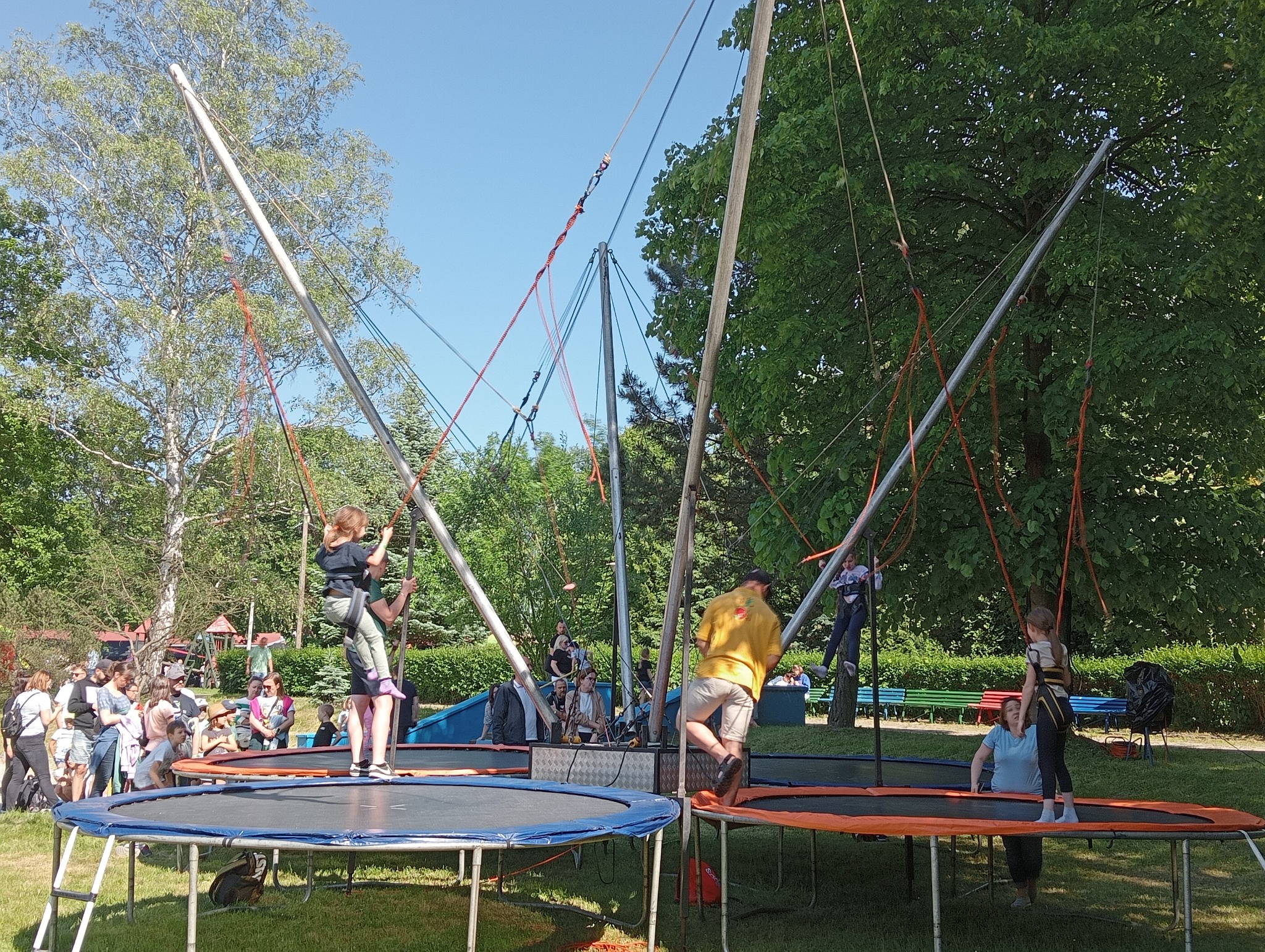 Zabawa na trampolinach bungee w plenerze. Dzieci skaczą na trampolinach, zabezpieczone linami. W tle drzewa i publiczność. Słoneczny dzień, park.
