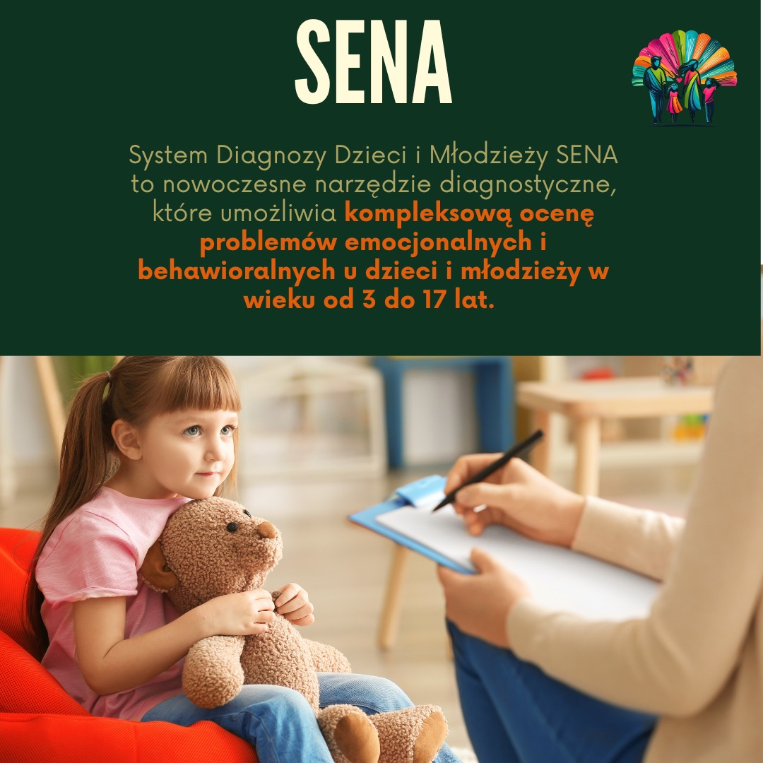 Diagnostyka SENA: Dziewczynka z misiem na sesji, specjalista notuje. Ocena problemów emocjonalnych i behawioralnych u dzieci i młodzieży od 3 do 17 lat.
