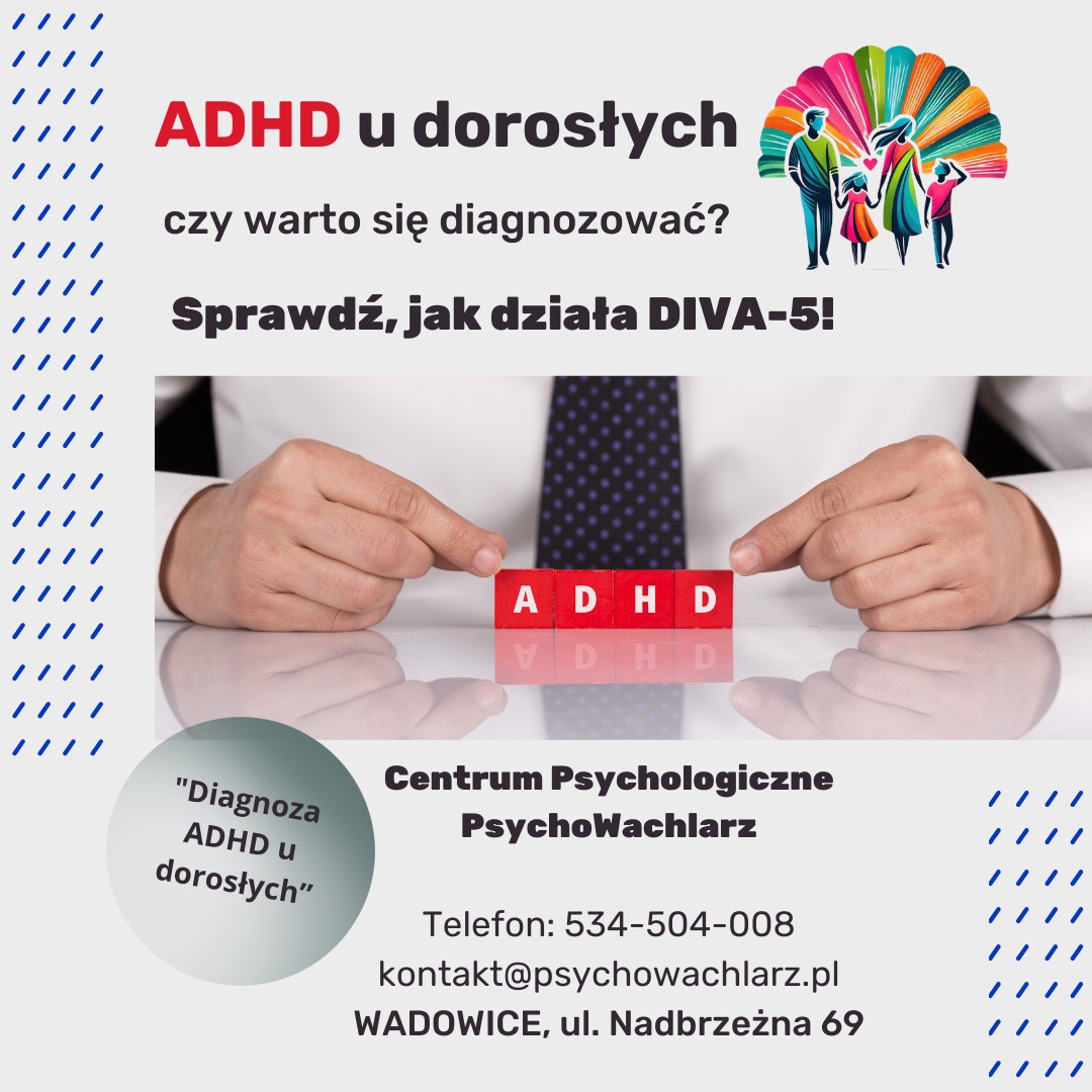 ADHD u dorosłych: dłonie wskazują na czerwone kostki z napisem ADHD, w tle grafika rodziny i dane kontaktowe Centrum Psychologicznego PsychoWachlarz.