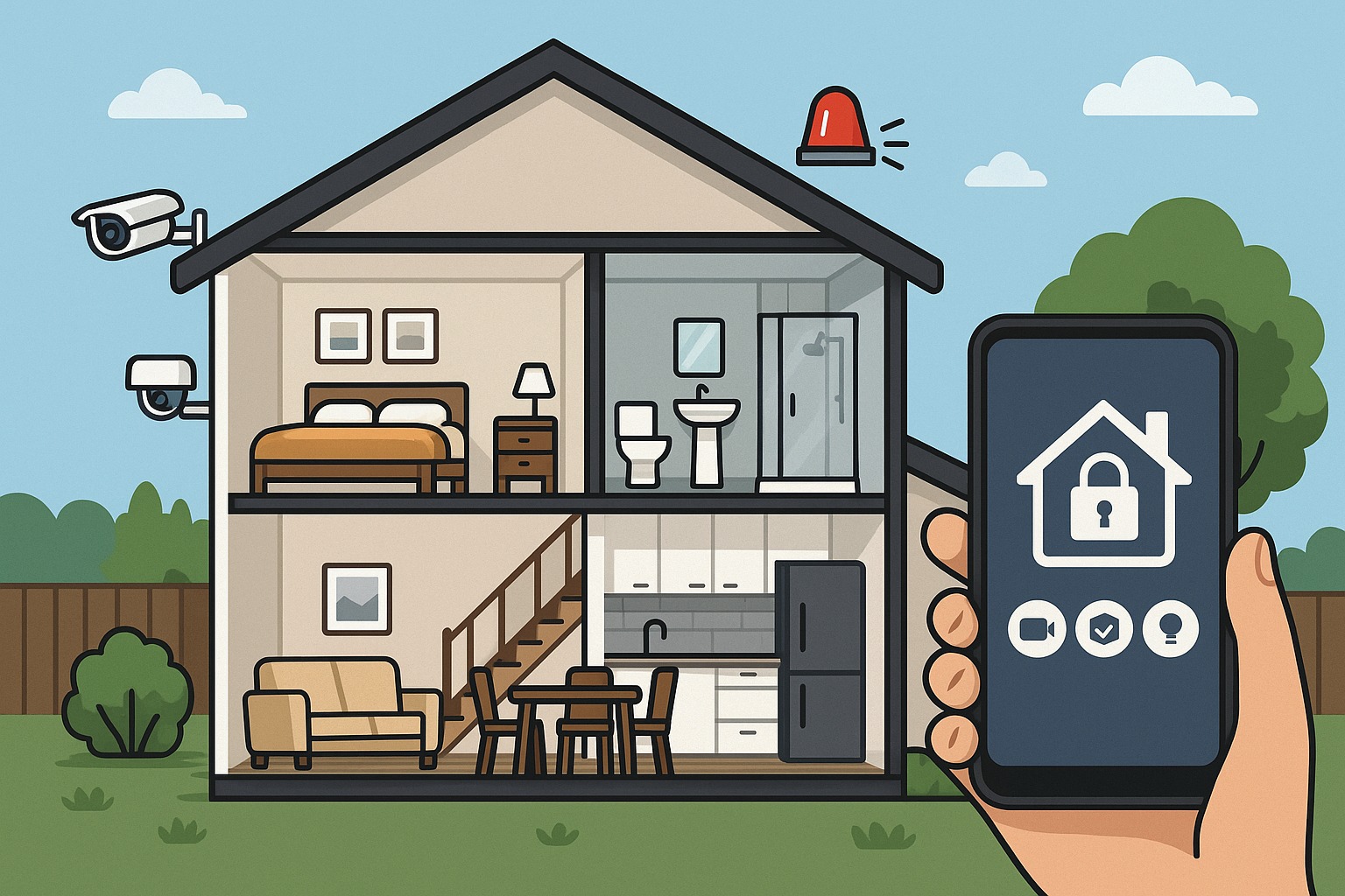 Przekrój domu z kamerami, alarmem i aplikacją do monitoringu w dłoni. Widok na salon, sypialnię, łazienkę i kuchnię. System inteligentnego domu.