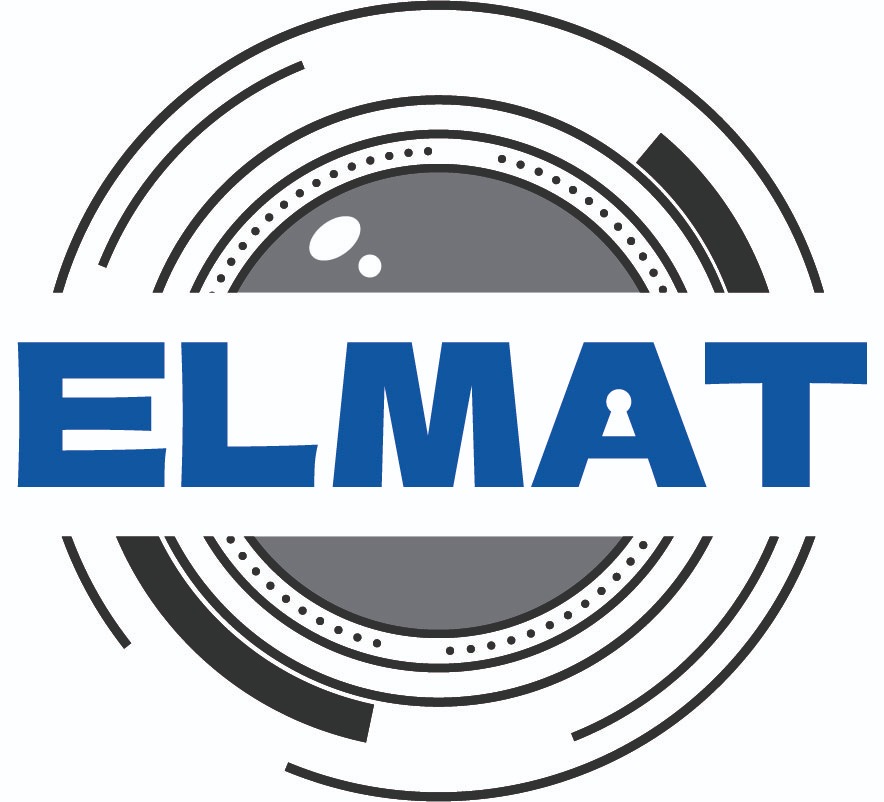 Logo firmy ELMAT: niebieski napis z dziurką od klucza w literze A, otoczony szarym okręgiem z elementami kamery/oka. Nowoczesny design.