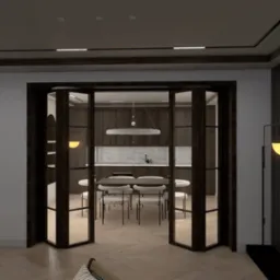 Nowoczesne wnętrze: widok na jadalnię i kuchnię przez otwarte, dwuskrzydłowe drzwi. Parkiet w jodełkę, minimalistyczna lampa, krzesła z jasną tapicerką.