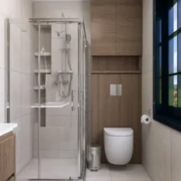 Nowoczesna łazienka z kabiną prysznicową typu walk-in, podwieszaną toaletą i drewnianymi szafkami. Minimalistyczny design z akcentem na naturalne materiały i jasne kolory.