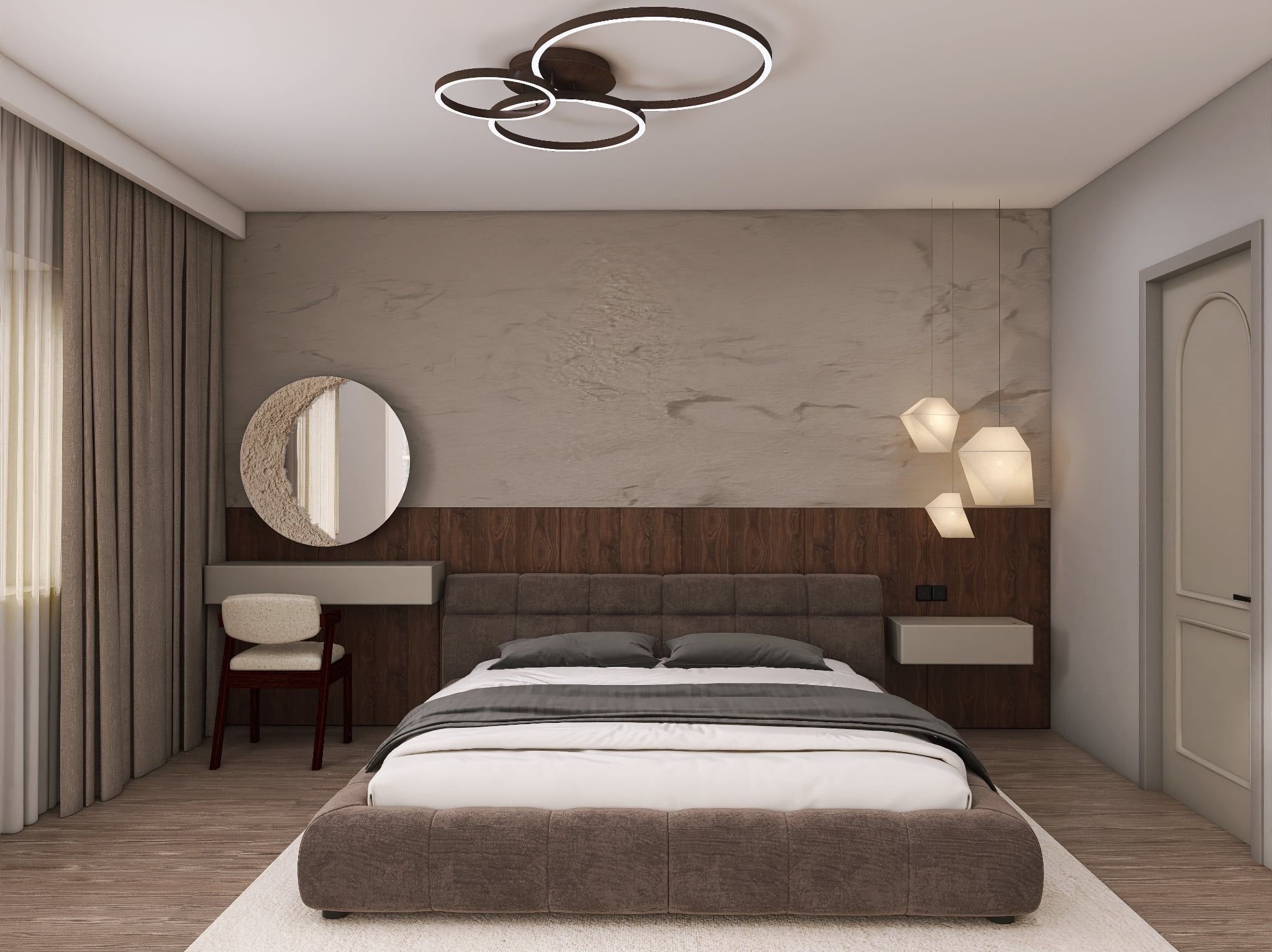 Nowoczesna sypialnia z łóżkiem w brązowej ramie, okrągłym lustrem nad toaletką, minimalistycznym oświetleniem i drewnianą podłogą.