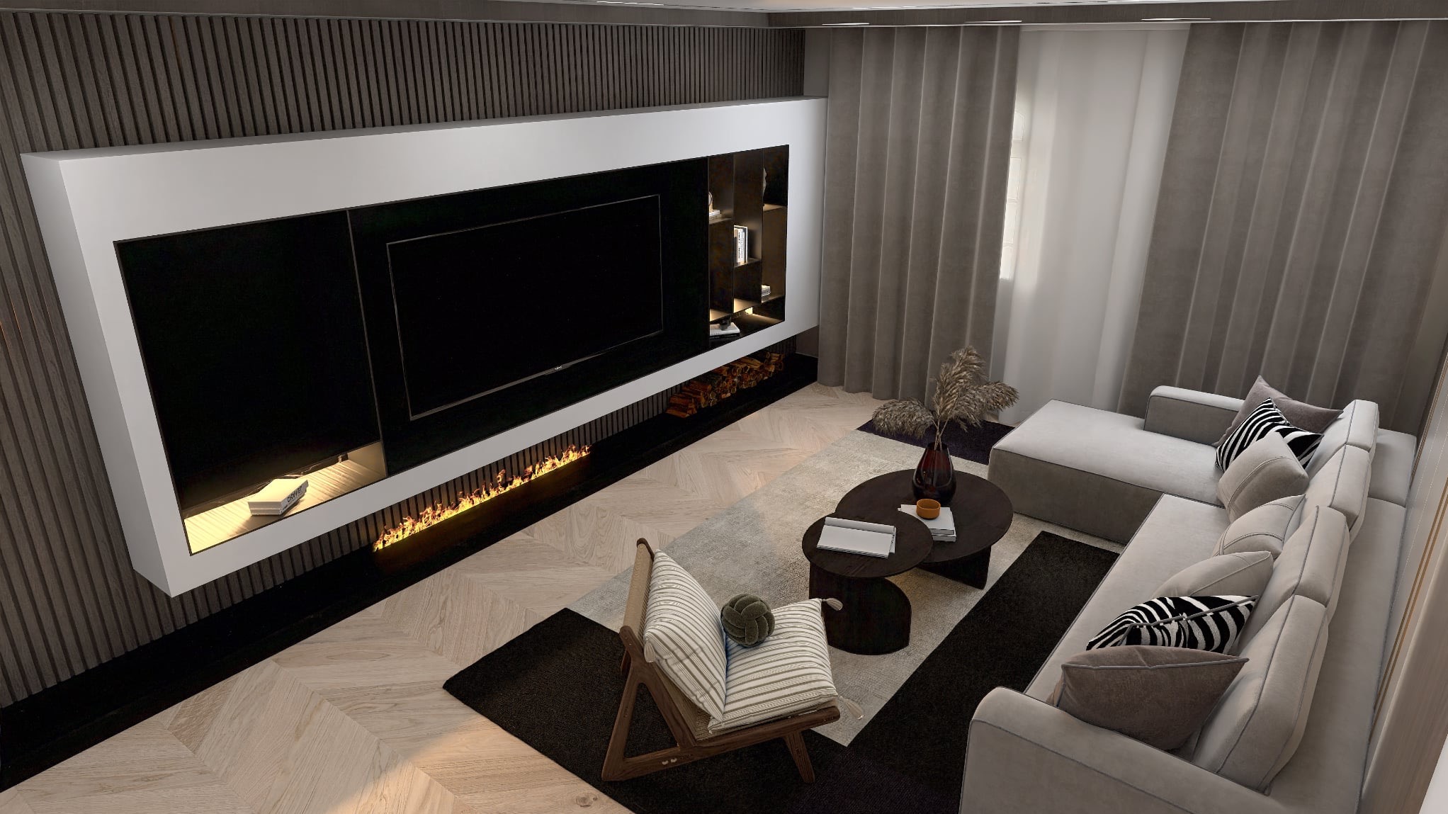 Salon z telewizorem w zabudowie, podświetlonym kominkiem, drewnianą podłogą w jodełkę. Jasna sofa z poduszkami i stoliki kawowe. Widok z góry.