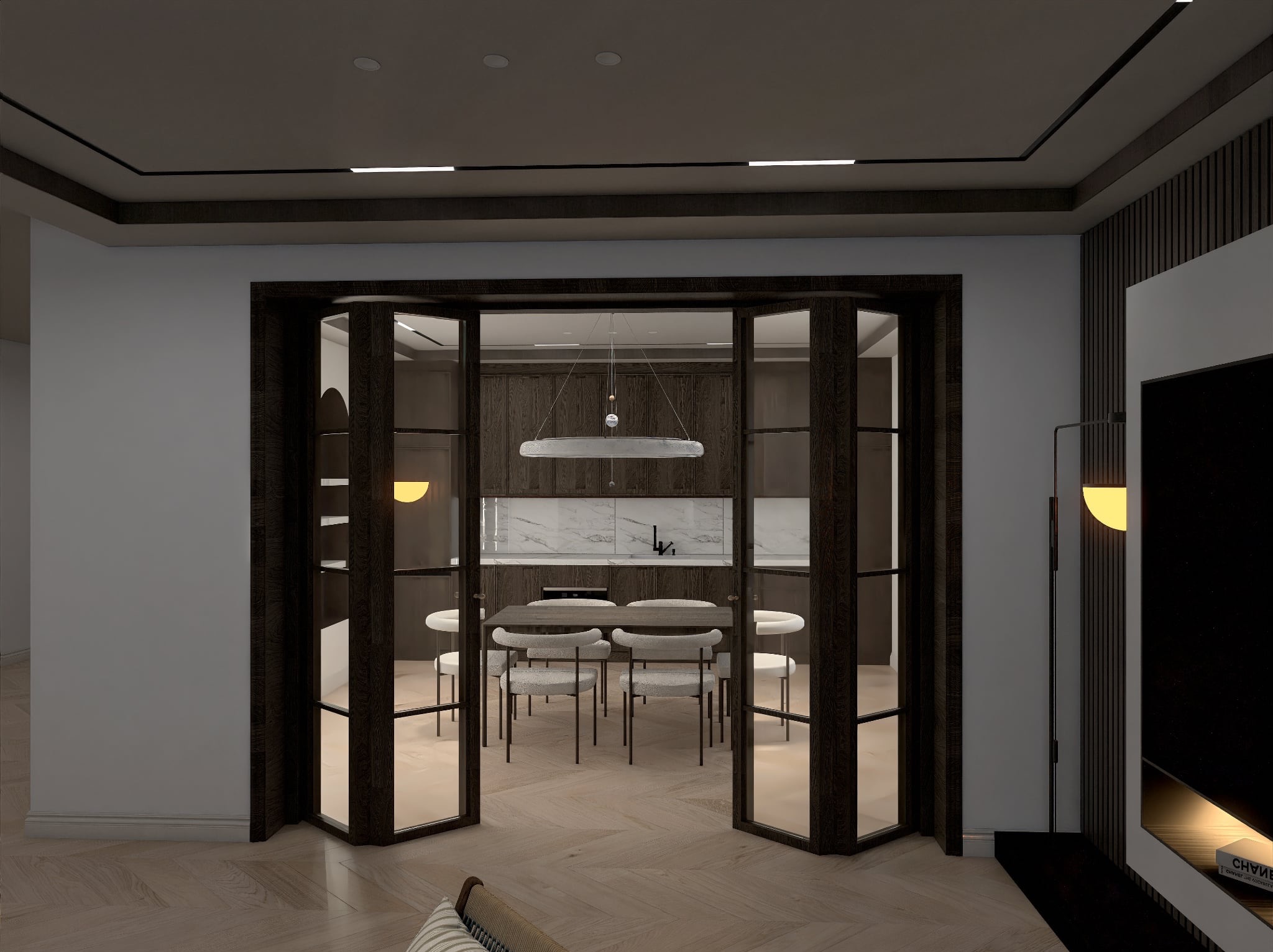 Nowoczesne wnętrze: widok na jadalnię i kuchnię przez otwarte, dwuskrzydłowe drzwi. Parkiet w jodełkę, minimalistyczna lampa, krzesła z jasną tapicerką.