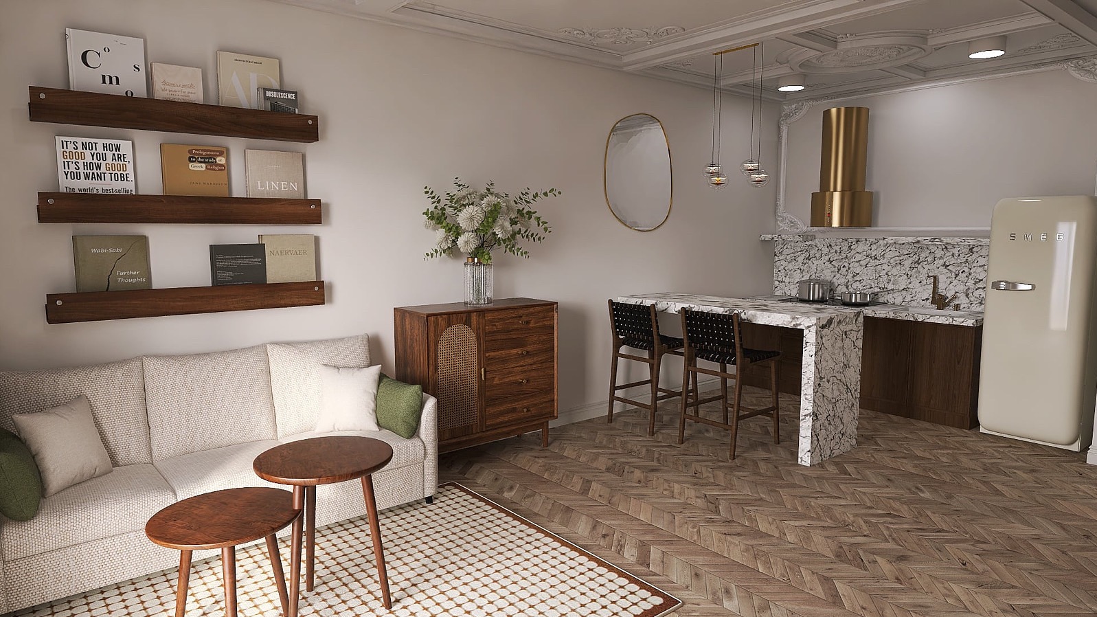 Stylowe wnętrze: sofa z poduszkami, stoliki kawowe, komoda z kwiatami, barek z krzesłami i lodówka Smeg. Książki na półkach i parkiet w jodełkę.