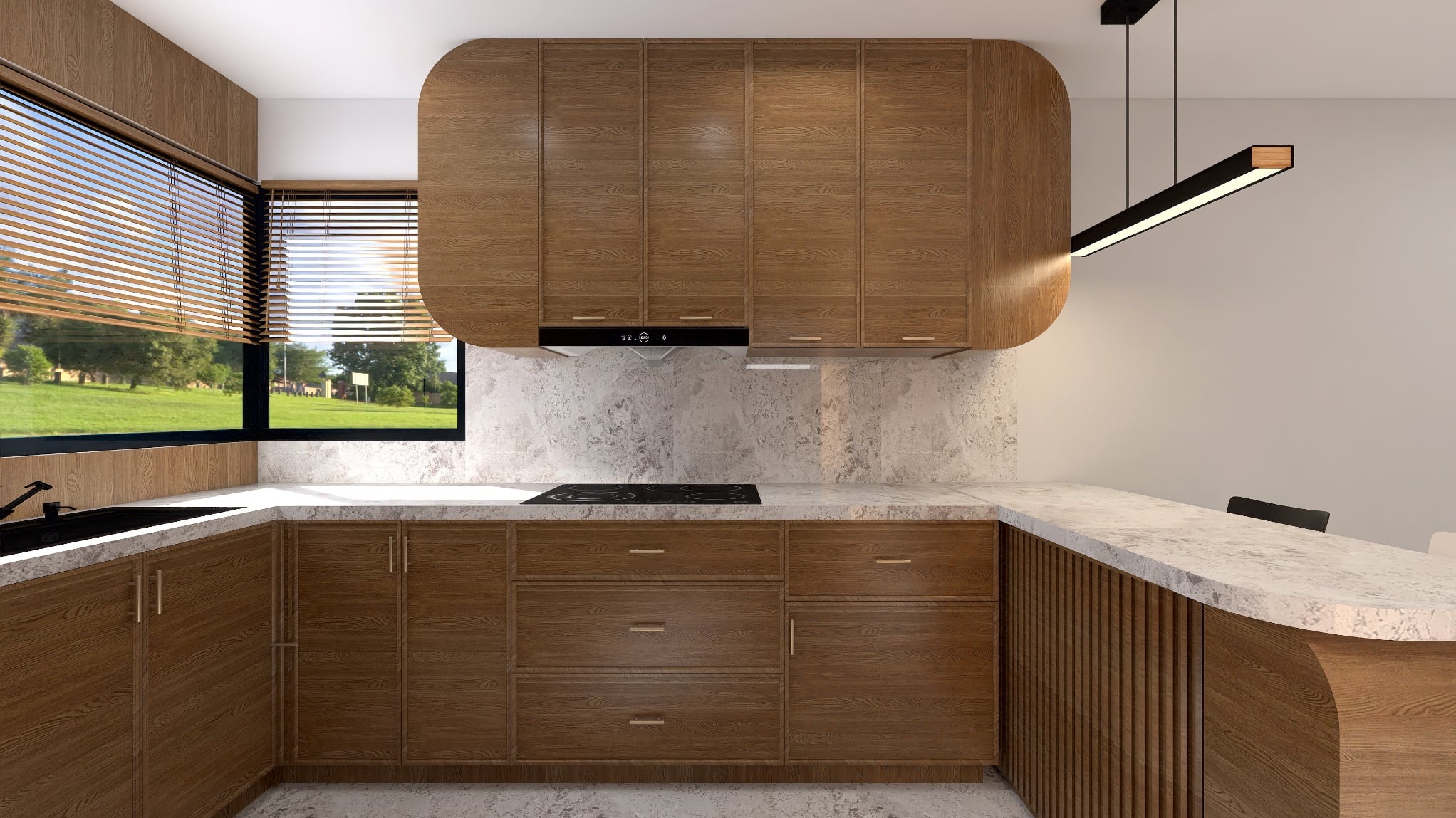 Nowoczesna kuchnia z drewnianymi szafkami i blatem z wzorem marmuru. Widok na zieleń przez okno z żaluzjami. Minimalistyczna lampa wisząca.
