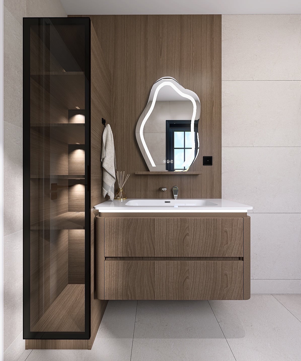 Nowoczesna łazienka z szafką pod umywalką z forniru, podświetlanym lustrem o nieregularnym kształcie i wysoką szafką z przeszklonym frontem, oświetloną od wewnątrz.