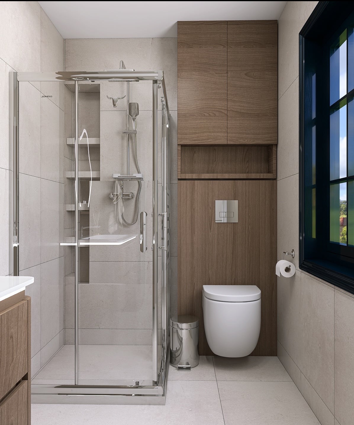 Nowoczesna łazienka z kabiną prysznicową typu walk-in, podwieszaną toaletą i drewnianymi szafkami. Minimalistyczny design z akcentem na naturalne materiały i jasne kolory.