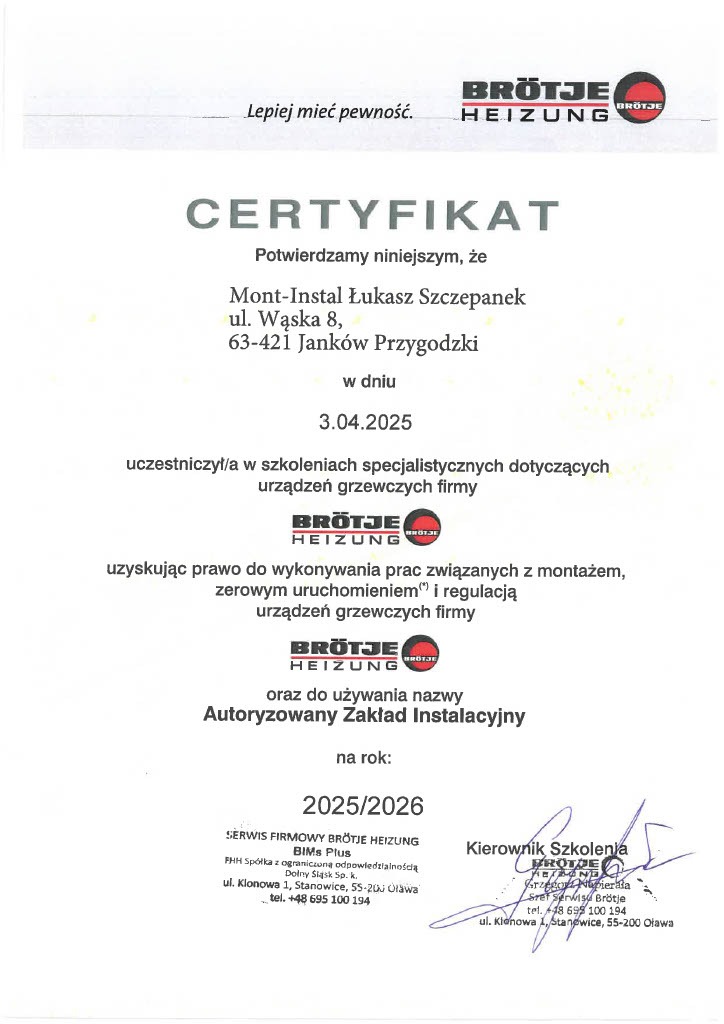 Certyfikat autoryzacji dla Mont-Instal Łukasz Szczepanek na montaż i regulację urządzeń grzewczych Brötje, ważny na lata 2025/2026. Dokument z logo firmy.