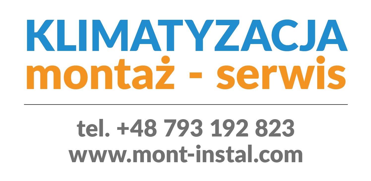 Napisy: 'KLIMATYZACJA' (niebieski), 'montaż - serwis' (pomarańczowy). Pod spodem numer telefonu i adres strony internetowej firmy.