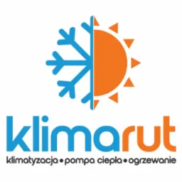 Logo firmy Klimarut: grafika słońca i śnieżynki, nazwa firmy i hasło 'klimatyzacja • pompa ciepła • ogrzewanie' w kolorach niebieskim i pomarańczowym.