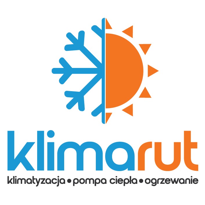 Logo firmy Klimarut: grafika słońca i śnieżynki, nazwa firmy i hasło 'klimatyzacja • pompa ciepła • ogrzewanie' w kolorach niebieskim i pomarańczowym.