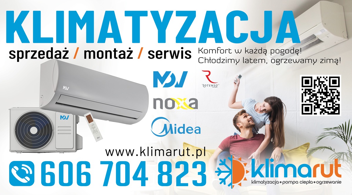 Grafika reklamowa: klimatyzacja z montażem i serwisem. Widoczne modele klimatyzatorów, logotypy marek, uśmiechnięta para i kod QR.