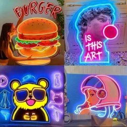 Viktor Komissarov - Zestaw czterech neonowych reklam: burger, rzeźba z gumą, miś w okularach i astronautka. Jasne, kolorowe światła na ciemnym tle. Różne style i motywy graficzne.