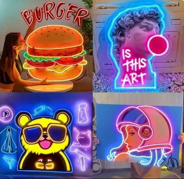 Zestaw czterech neonowych reklam: burger, rzeźba z gumą, miś w okularach i astronautka. Jasne, kolorowe światła na ciemnym tle. Różne style i motywy graficzne.