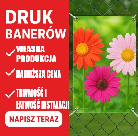 Baner reklamowy z motywem kwiatowym, zawieszony na ogrodzeniu z siatki. Po lewej stronie czerwony panel z białym tekstem o druku i zaletach produktu.