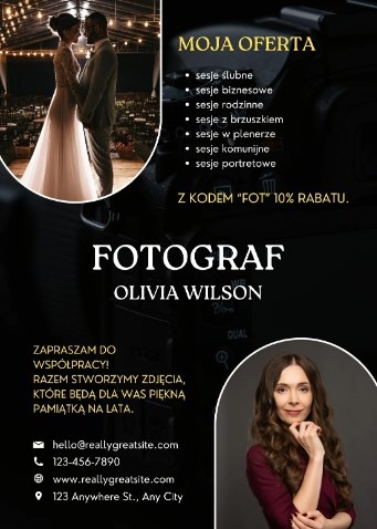 Elegancki plakat reklamowy fotografa z ofertą sesji (ślubne, rodzinne, portretowe) i zdjęciem pary młodej. Czarne tło, złote napisy, adres e-mail i numer telefonu.