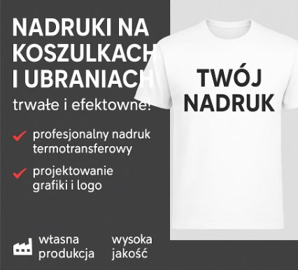 Koszulka z nadrukiem 'Twój Nadruk', oferta firmy z Warszawy. Profesjonalny termotransfer, projektowanie grafiki i logo na odzieży.