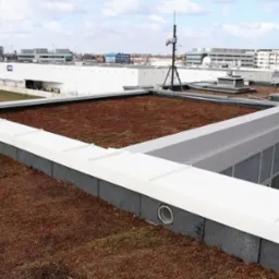 Zielony dach z roślinnością na płaskim dachu budynku, z widocznymi elementami wentylacji i anteną na dachu w tle. Widok z góry na miejski krajobraz.