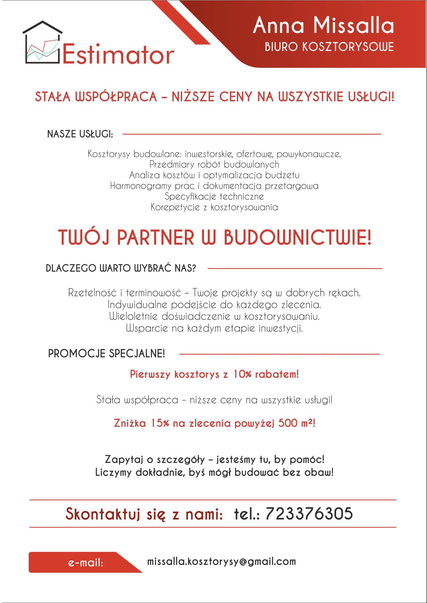 Baner biura kosztorysowego Anna Missalla z logo Estimator, oferującego kosztorysy budowlane, analizę kosztów, harmonogramy prac i promocje. Kontakt: tel. 723376305.