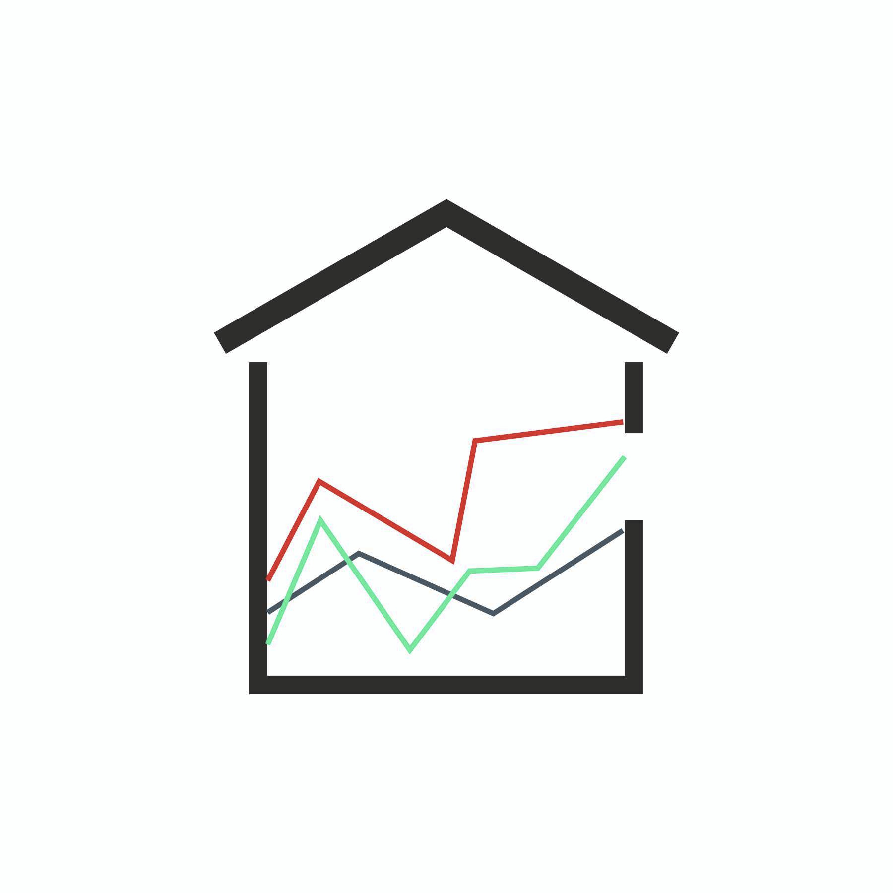 Graficzna ikona: czarny obrys domu z kolorowymi wykresami wewnątrz. Symbolizuje analizę rynku nieruchomości lub kosztorys budowlany.