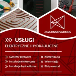 Grafika reklamowa: pompa ciepła, instalacja ogrzewania podłogowego w trakcie montażu, multimetr. Usługi elektryczne i hydrauliczne JK&M Innovations.