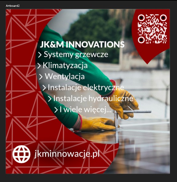 Grafika reklamowa JK&M Innovations: systemy grzewcze, klimatyzacja, wentylacja, instalacje elektryczne i hydrauliczne. Żółte rękawice montera przy panelach.