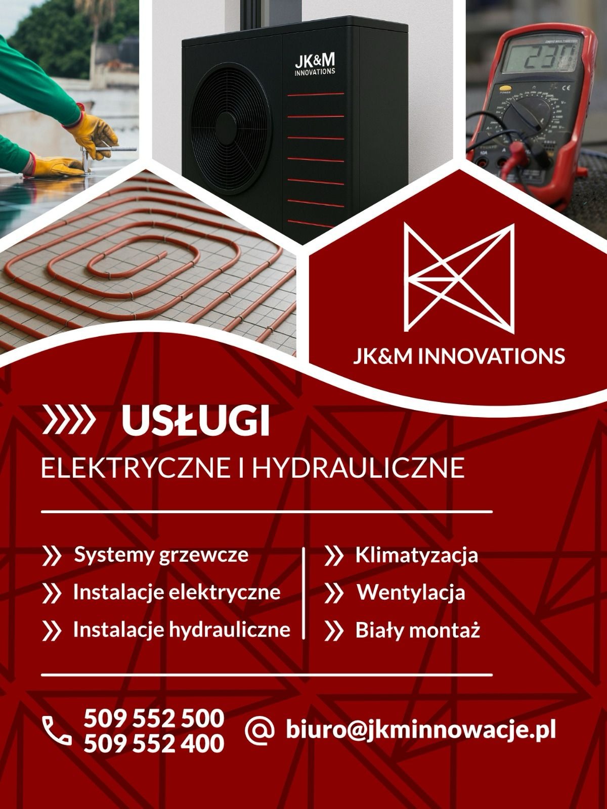 Grafika reklamowa: pompa ciepła, instalacja ogrzewania podłogowego w trakcie montażu, multimetr. Usługi elektryczne i hydrauliczne JK&M Innovations.