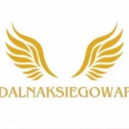 Złote skrzydła nad adresem strony internetowej zdalnaksięgowa.pl na białym tle. Minimalistyczne logo firmy.