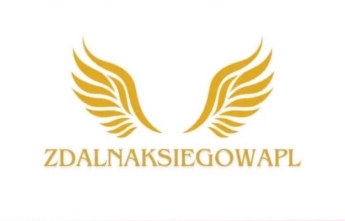 Złote skrzydła nad adresem strony internetowej zdalnaksięgowa.pl na białym tle. Minimalistyczne logo firmy.